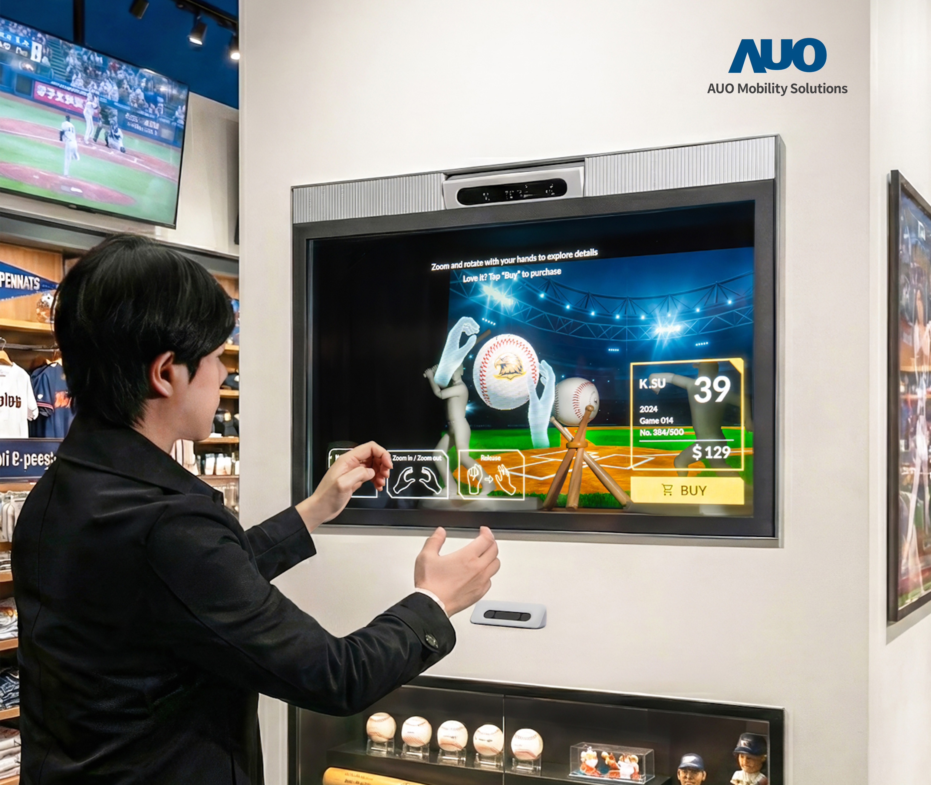 64吋Sports AR Solution提供实体赛事与Micro LED透明显示器对应互动的运用，对于参赛者或队伍有更多信息需了解，或更多营销互动，都可轻松在透明显示屏幕上完成，助攻营销互动新纪元。