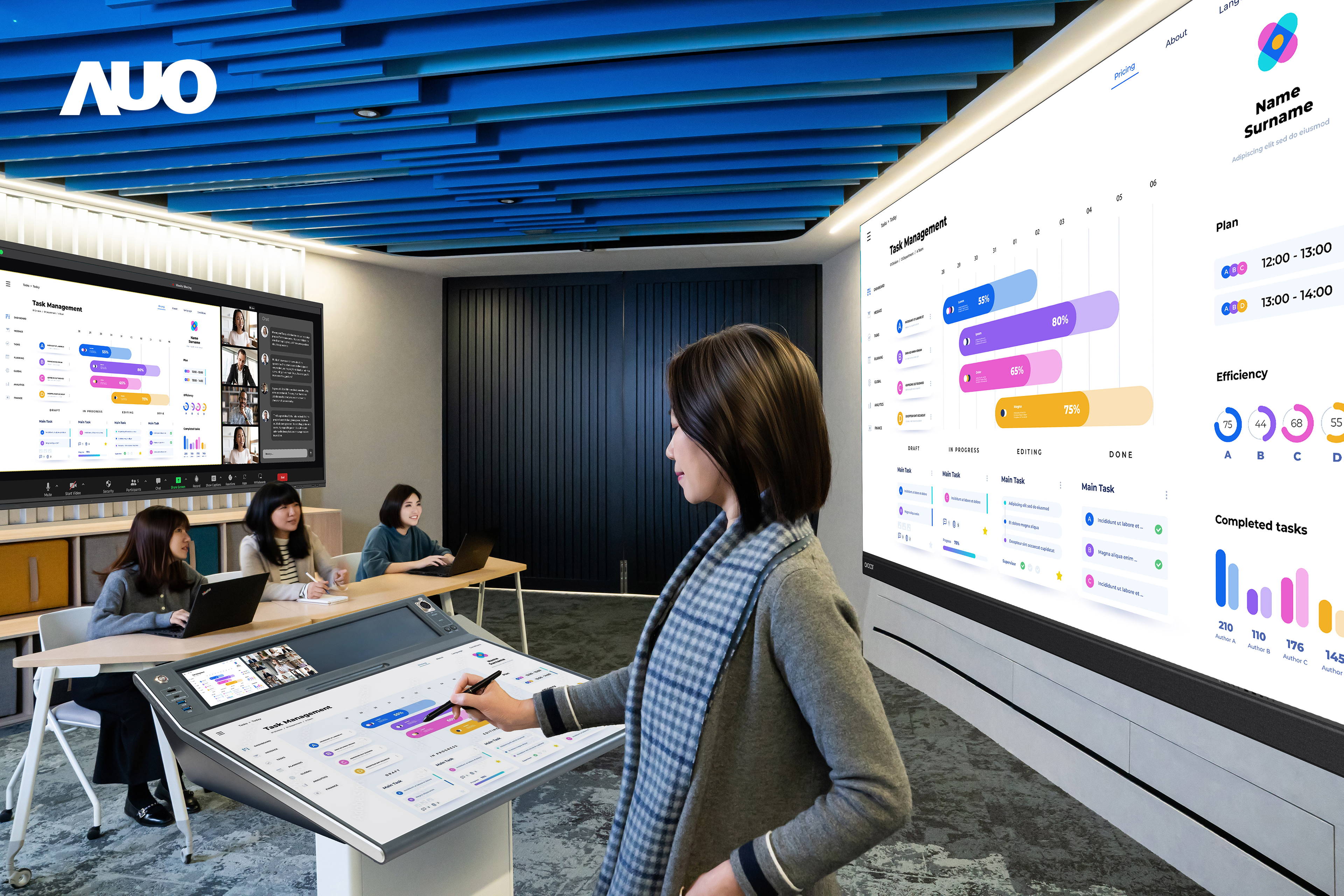 达擎携手Avocor与Rise Vision展示全方位商务领域应用，包含采用模块化设计的138吋一体式All-in-One LED显示器及具21:9超宽比例的92吋交互式电子白板（IFPD），讲者可轻松分享内容，有效提升会议协作效率。